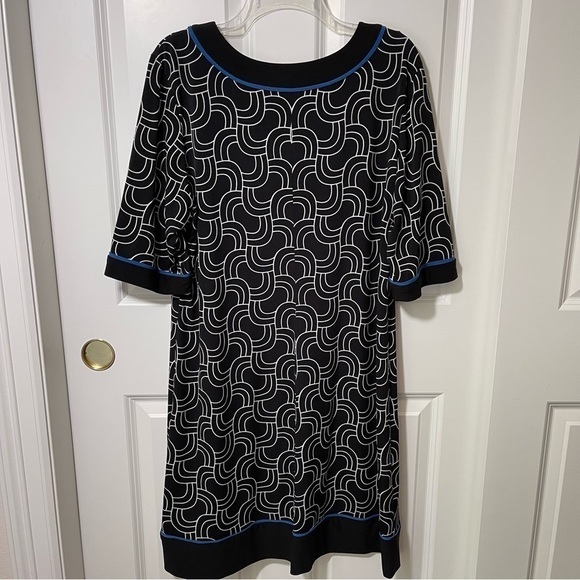 R&K Shift Dress Scoop Neck Elbow Length Sleeves Black White Blue Geo Print - Picture 5 of 11